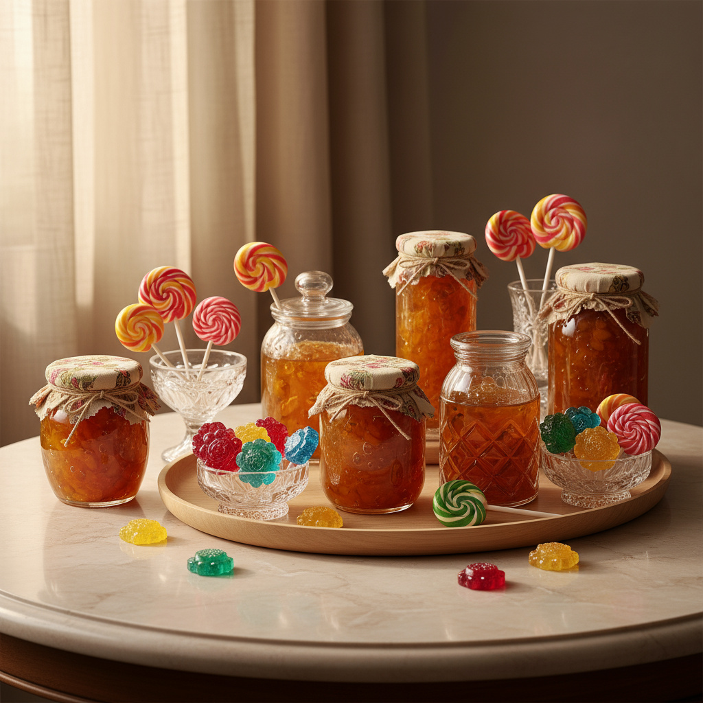 Assorted artisan marmalade jars and handcrafted candies on a tabletop