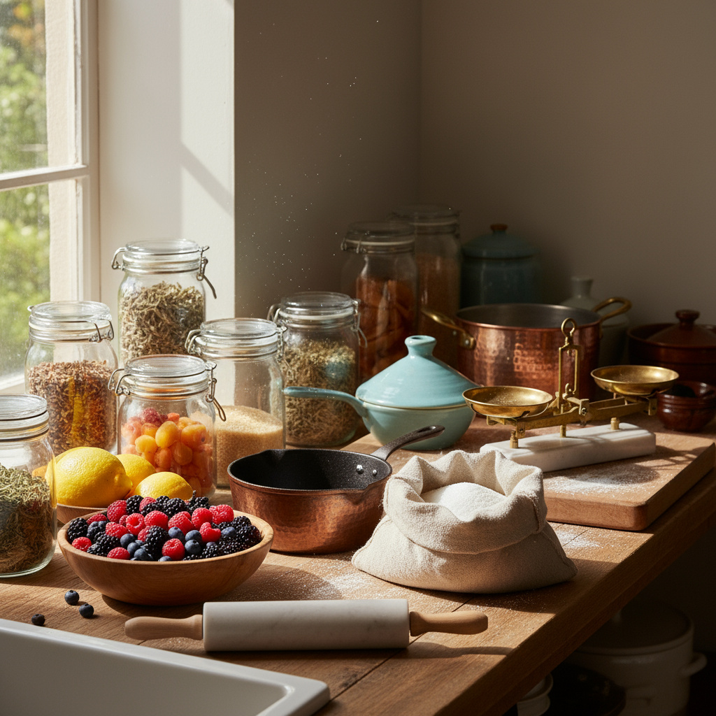Artisan kitchen setup with cookware and ingredients