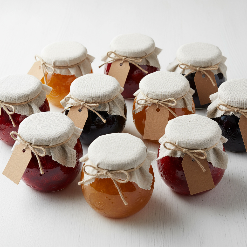 Decorative marmalade jars with ribbons and tags