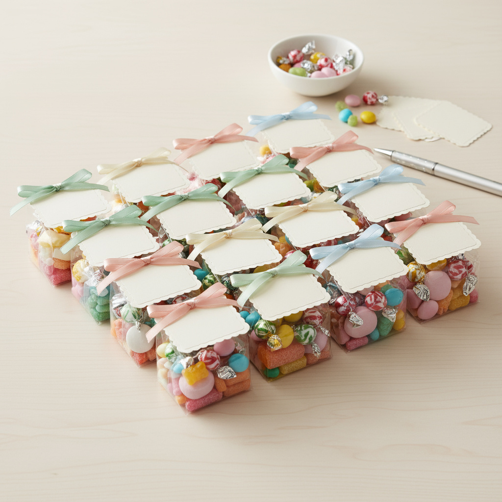 Party favor packages with customizable labels